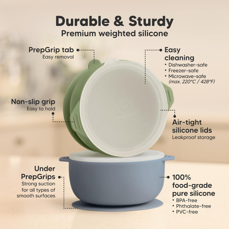 KeaBabies 2-Pack Baby Bowls with Suctions, Lids - Silicone Toddler Suction Bowls for Baby Boy, Girl, Kids, Food Grade Silicone, BPA-Free, Dishwasher Safe, Toddler Eating Essentials (Slate) Slate