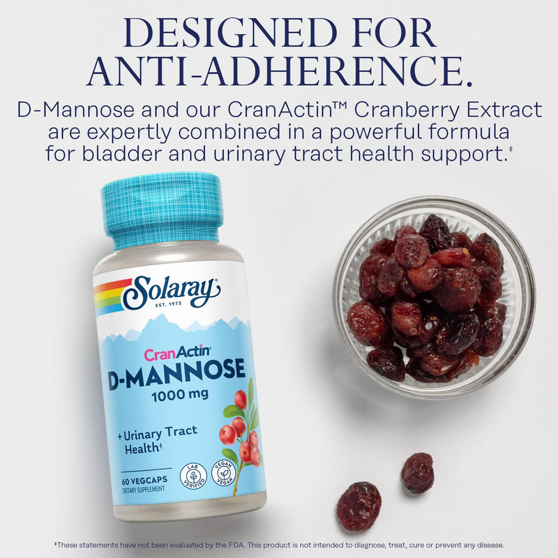 SOLARAY D-Mannose with CranActin Cranberry Supplement 400mg, Urinary Tract Health & Bladder Support Capsules with Vitamin C for Immune Function, Vegan, 60 Day Guarantee, 30 Servings, 60 VegCaps 60 Count (Pack of 1) - BeesActive Australia
