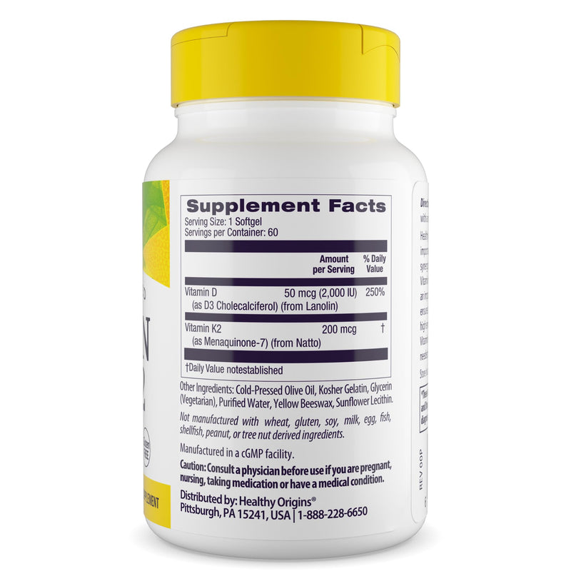 Healthy Origins Vitamin D3 2,000 IU & K2 200 mcg, 60 Softgels Unflavored 60 Count (Pack of 1)