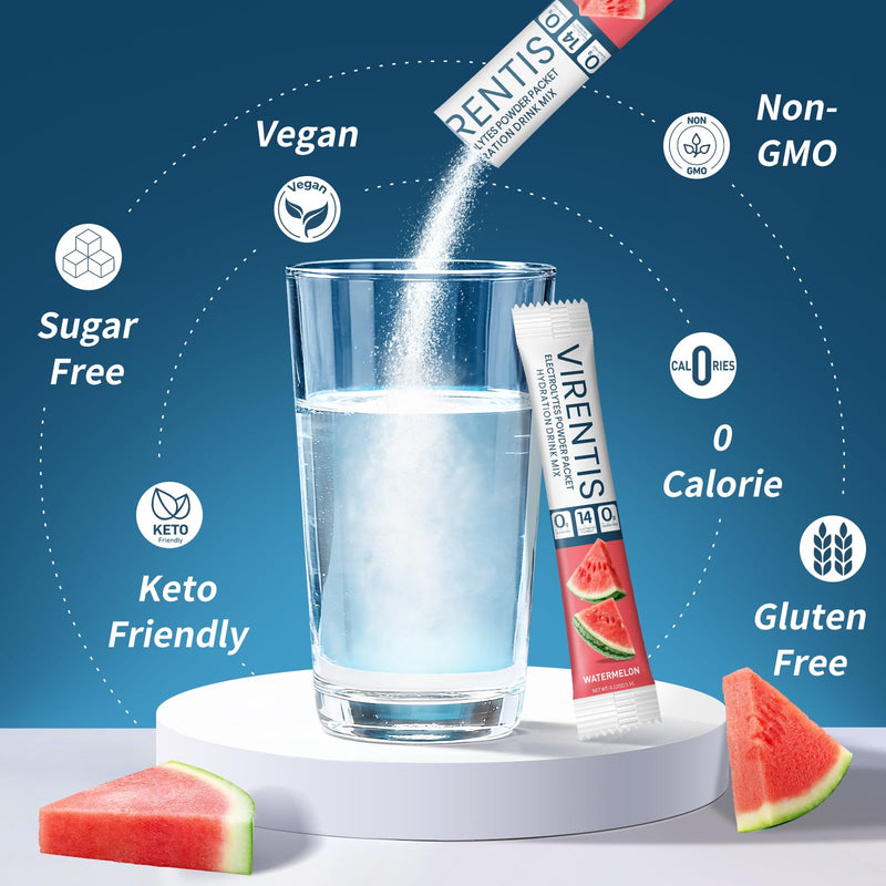 16 Sticks Electrolytes Powder Packets Sugar Free Hydration Packets Liquid Daily IV Electrolyte Drink Mix for Rehydration with 8 Electrolytes & 6 Vitamins, Low Sodium, Watermelon