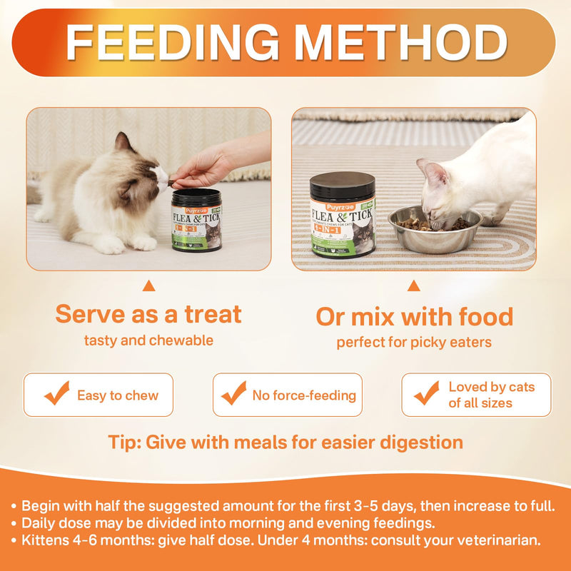 Puyrzoe 4-in-1 Flea Treatment for Cats Chewable, Natural Cat Flea and Tick Prevention Chewable Supplement for Skin & Coat | Immunity Support | Digestive | Flea & Tick Treatment for All Breeds & Sizes