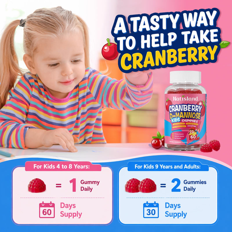 Cranberry & D-Mannose Gummies for Kids 4+, D Mannose with Cranberry Supplement for Urinary Tract Health & Immune Health, with Vitamin C, D3, Zinc, Probiotic & Prebiotic Blend, Sugar-Free, Vegan, 60 Ct