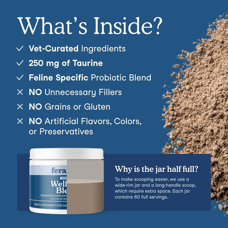 Fera Pets Wellness Blend - Cat Health Supplement with Feline-Specific Probiotics, Taurine and Lysine - Promotes Healthy Joints, Immunity, Heart & Bladder -Powder - 60 Scoops