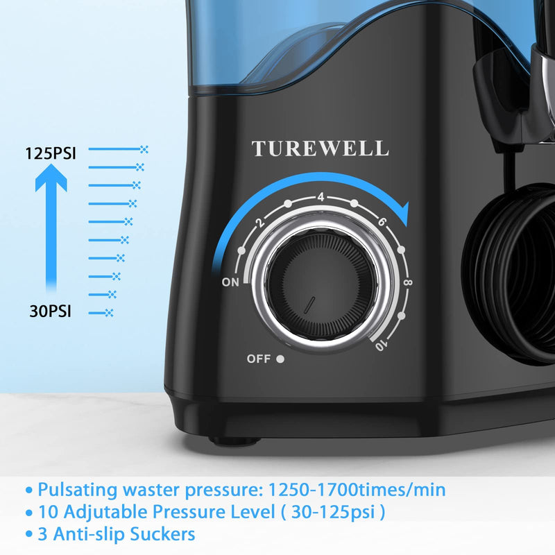 TUREWELL Water Dental Flosser for Teeth/Braces, Water Teeth Cleaner 8 Jet Tips and 10 Pressure Levels, 600ML Large Water Tank Oral Irrigator for Family(Black) Black