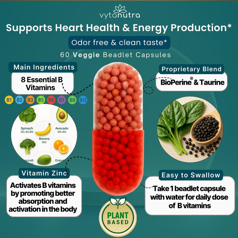 Plus B 11-in-1 Beadlet Capsule – Complete B-Complex with B1, B2, B3, B5, B6, B7, B9, B12 – Timed Release for Energy, Vitality, Brain, Heart, Immune, Mood, & Overall Wellness