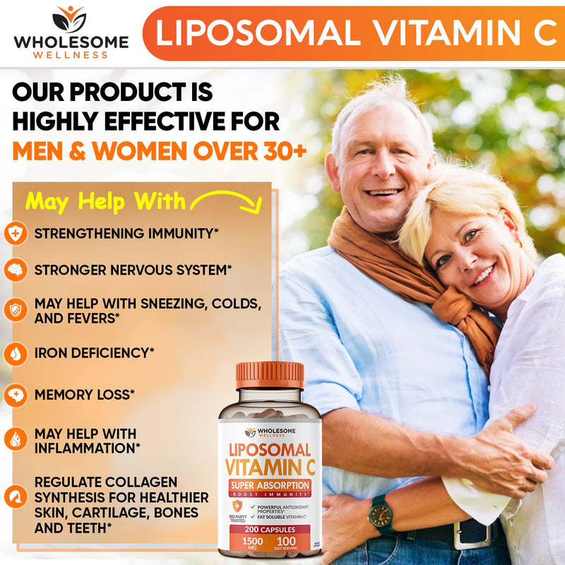 Liposomal Vitamin C Capsules (200 Pills 1500mg Buffered) High Absorption VIT C, Immune System & Collagen Booster, High Dose Fat Soluble Immunity Support Ascorbic Acid Supplement, Natural Vegan - BeesActive Australia