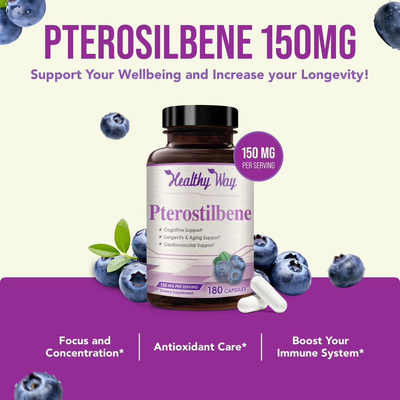 150mg Pterostilbene Supplement - Once Daily Antioxidant Supplement for Healthy Aging Immune Heart Skin and Brain Support - Naturally Derived Non-GMO & Made in the USA (180 Servings)