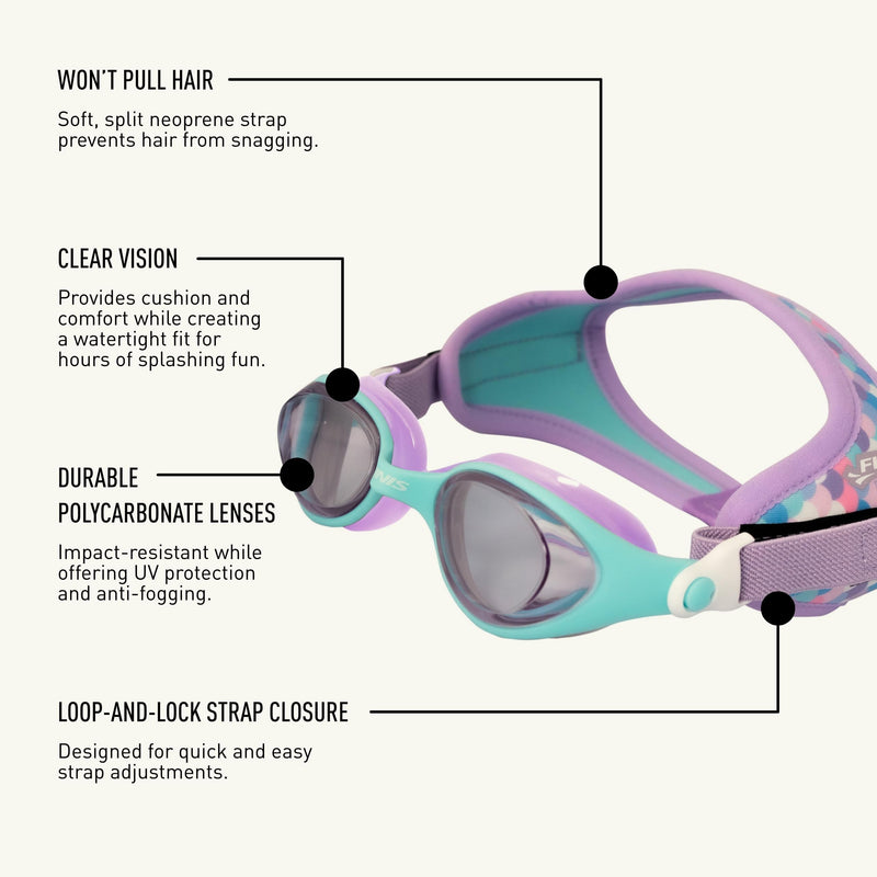 FINIS DragonFly Kids Swim Goggles - Ages 3-8 - UV Protection - Floating Neoprene Strap - Soft Silicone Fit - Lavender Scales