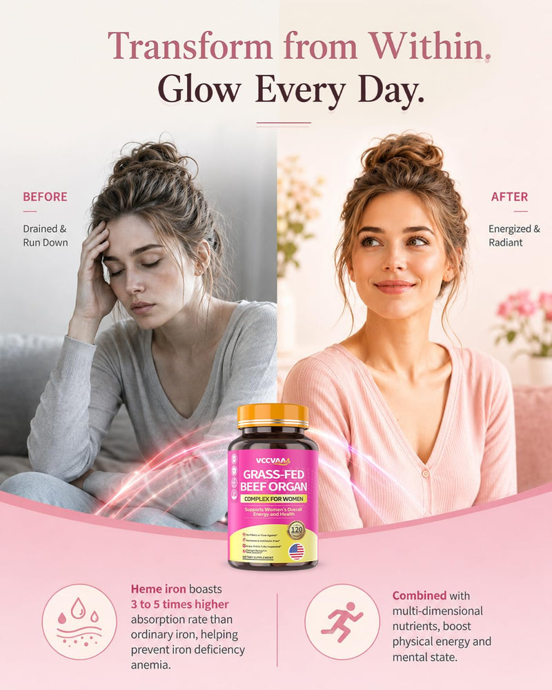 Beef Organ Supplement for Women, Grass-Fed Beef Liver Uterine Kidney Heart Organ Complex with Vitamins & Herbal | Detox, Hormone, Iron-Rich Energy & Skin Renewal | 120 Caps, 3rd Party Tested