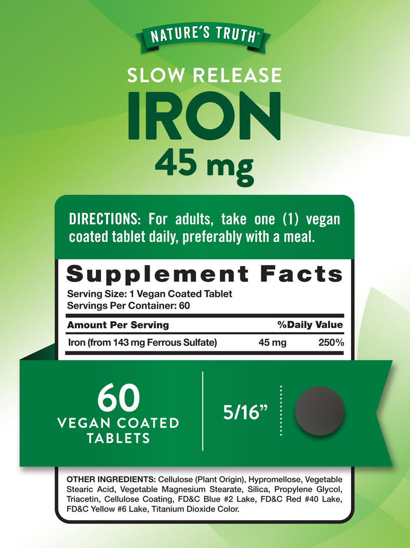 Nature's Truth Iron Supplement | 45 mg | 60 Pills | Ferrous Sulfate | Non-GMO & Gluten Free Vitamin for Men and Women