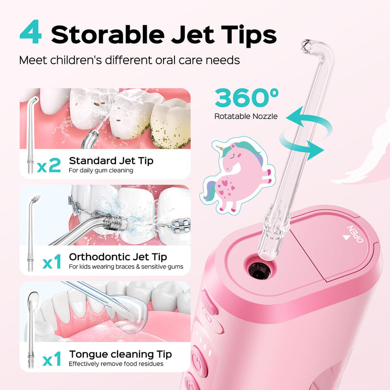 COSLUS T40 Portable Water Flosser for Kids: 4 Gentle Modes for Ages 6+, Braces & Sensitive Teeth - with Fun DIY Stickers, 4 Storable Nozzles, Mini Compact for Home School & Travel, BPA-Free, Pink
