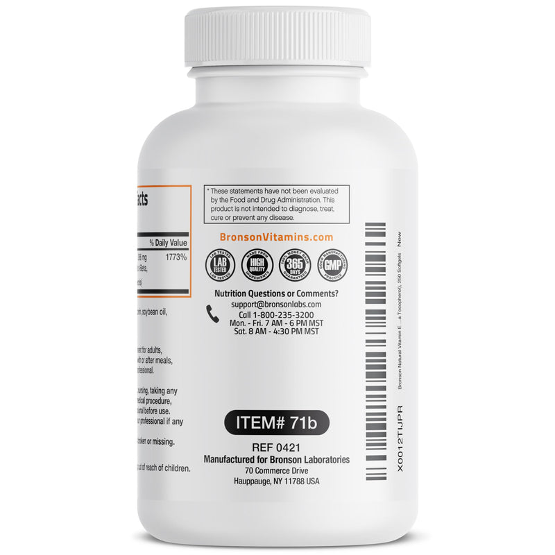 Bronson Natural Vitamin E Complex 400 I.U. Supplement (d-Alpha Tocopherol Plus d-Beta, d-Gamma, & d-Delta Tocopherols), Natural Antioxidant, 250 Softgels Unflavored 250 Count (Pack of 1) - BeesActive Australia