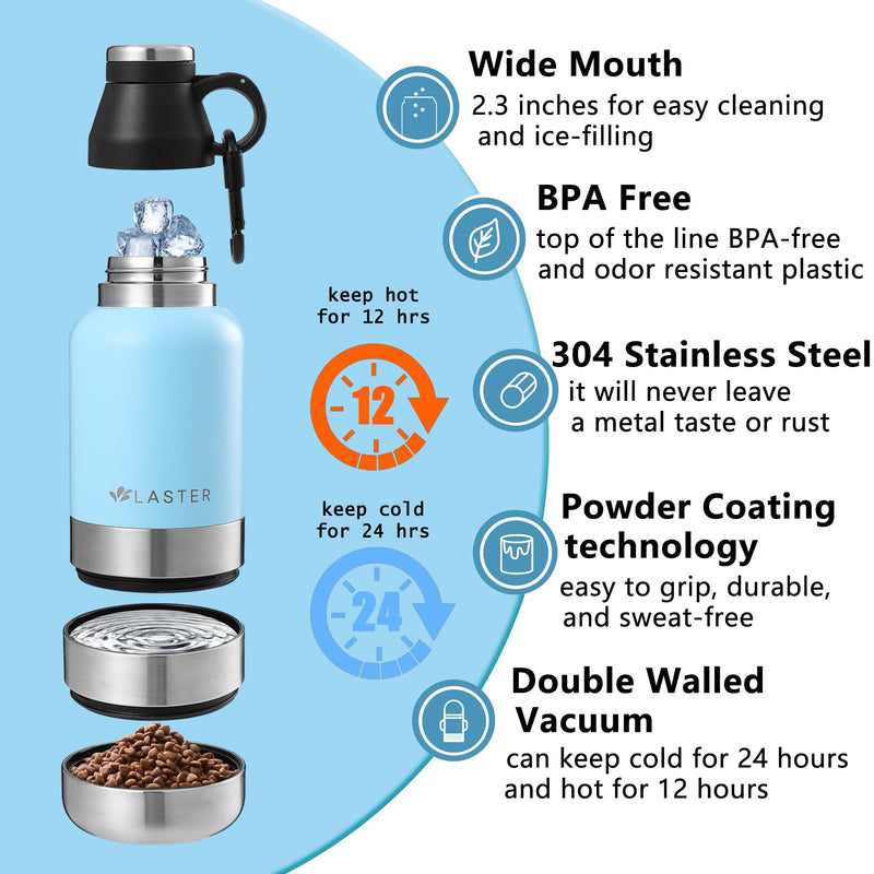LASTER 32 Oz Multi-Functional Stainless Steel Pet Water and Snack Bottle | Detachable Food and Water Bowls |Hot & Cold Liquids | Portable | Insulated |Travel | Human and Pet | Hiking | Camping| Park Blue - BeesActive Australia