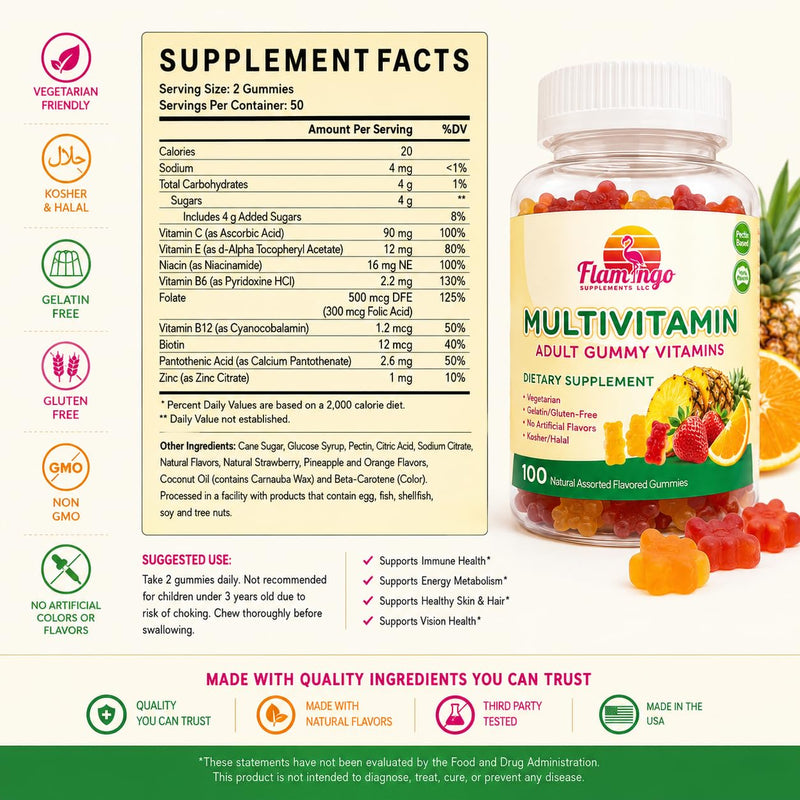 Flamingo Supplements Multivitamin Gummies | Vegan Friendly, Kosher Halal NO Gluten or Gelatin, no GMO| for Men, Women & Kids| 3 Natural Flavors | Vitamins C, B3, B12, Biotin, Zinc & More| 100 Gummies
