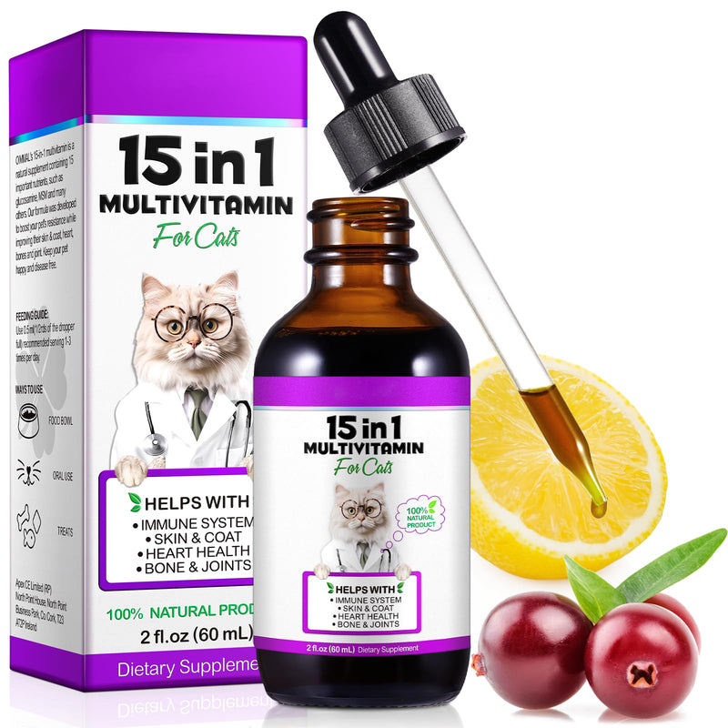 Cat Multivitamin, 15 in 1 Cat Multivitamin Liquid Drops, Cats Vitamins and Supplements with Glucosamine and Probiotics, Bones, Joint, Skin & Coat, Bladder, Immune System Support, 60ML