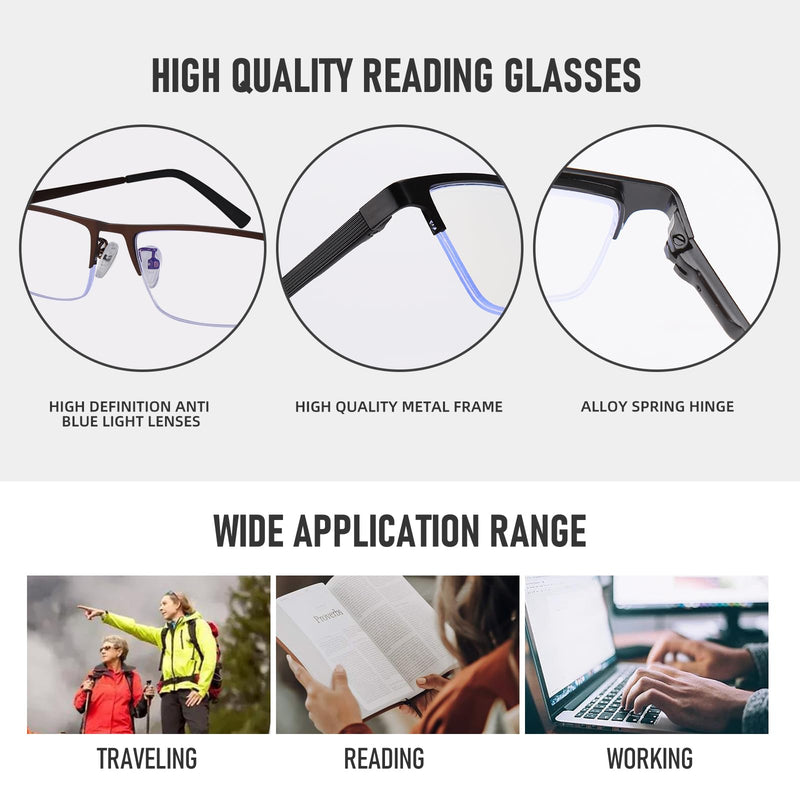 3-Pack Reading Glasses for Men, Lightweight Metal Half Frame Blue Light Blocking Computer Readers,Filter UV Ray/Computer Glare with Spring Hinge Eyeglasses(3PCS Black,+2.0) 3 Pack（black） 2.0 x - BeesActive Australia