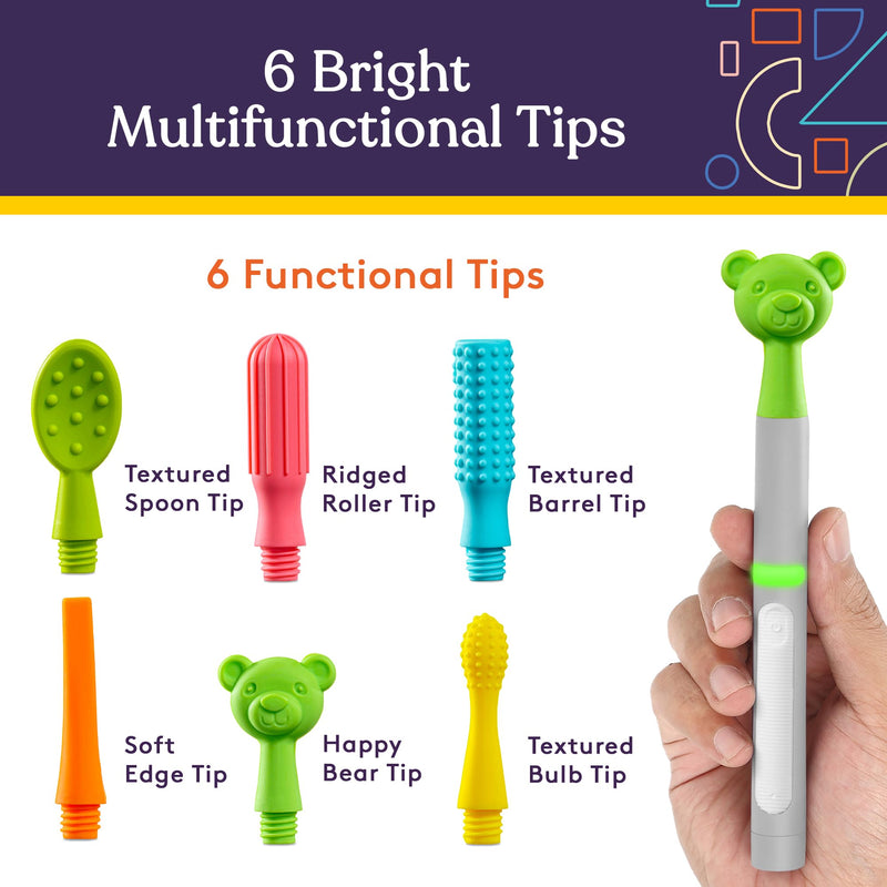 Special Supplies Buzz Buddy Oral Motor Stimulation kit with 6 Soft Textured Interchangeable Heads, Calm Sensory Needs, Support Speech, and Stimulate Self Feeding, Gentle Vibrations (Grey) Grey