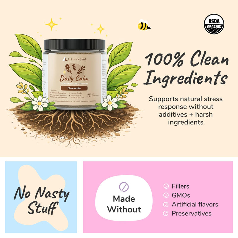 kin+kind Calm Power Supplement for Dogs and Cats – Natural Dog Calming and Cat Calming Support with Organic Chamomile, Thyme, Apple Pomace, Ginger & Coconut – Vet Formulated - Made in USA – 8 oz 8 oz (Large)
