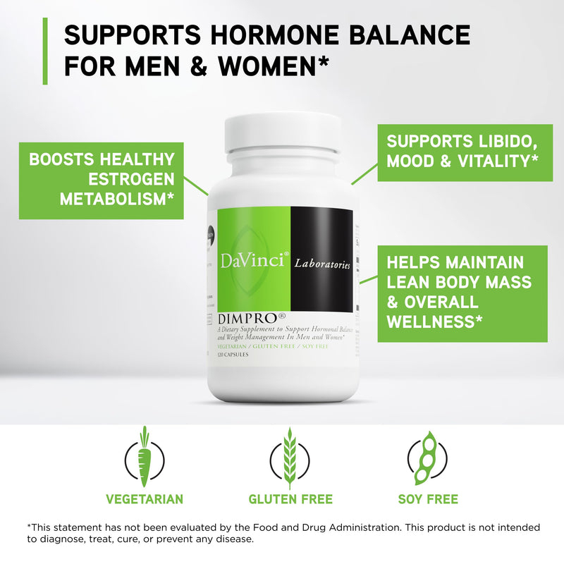 DAVINCI Labs DimPro - Dietary Supplement to Support Hormonal Balance in Men & Women & Healthy Weight Management* - with Vitamin E and More - Vegetarian - Soy-Free - Gluten-Free - 120 Capsules 120 Count (Pack of 1)