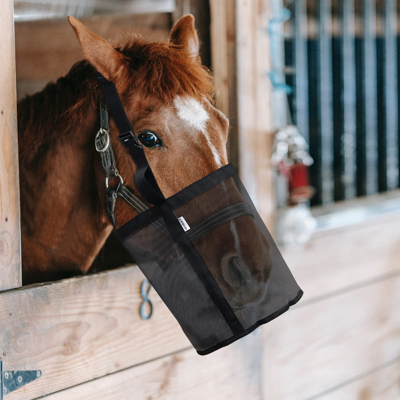 Horse Feed Bag Grain, Horse Mussel Mesh Bag with Adjustable Strap Comfort Neck & Nose Pad Waterproof Bottom(Black 2P) Black 2 pack - BeesActive Australia