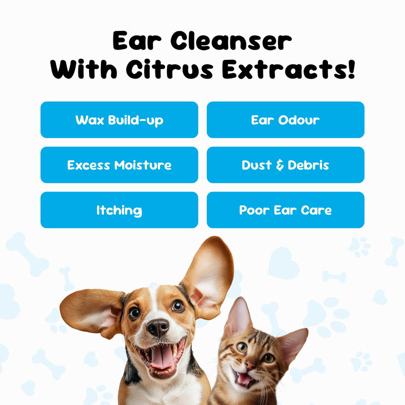 Natural Ear Cleaner for Dogs & Cats, with Citrus Extracts, Cleans, Deodorises & Soothes Itchy Ears, Removes Wax Build Up, Non-Toxic, Alcohol-Free Formula, Made in UK - 250ml
