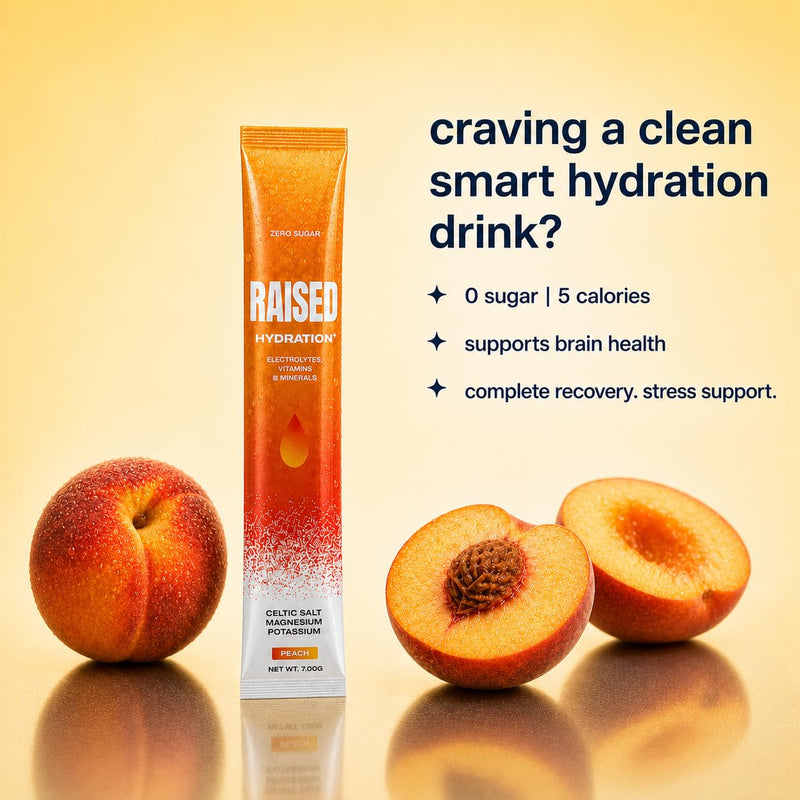 Raised Hydration+ No Sugar Electrolyte Powder Packets - 200mg Magnesium Glycinate, 500mg Sodium Celtic Sea Salt, 350mg Potassium | 500mg Vitamin C, 2000 IU Vitamin D | No Sucralose |15 Sticks, Peach