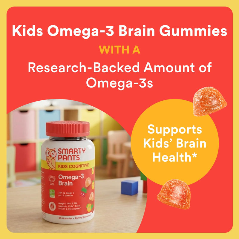 SmartyPants Kids Vitamins Cognitive Omega-3 Brain Gummies with DHA & EPA, Citrus Strawberry, 60 Count (30 Day Supply)
