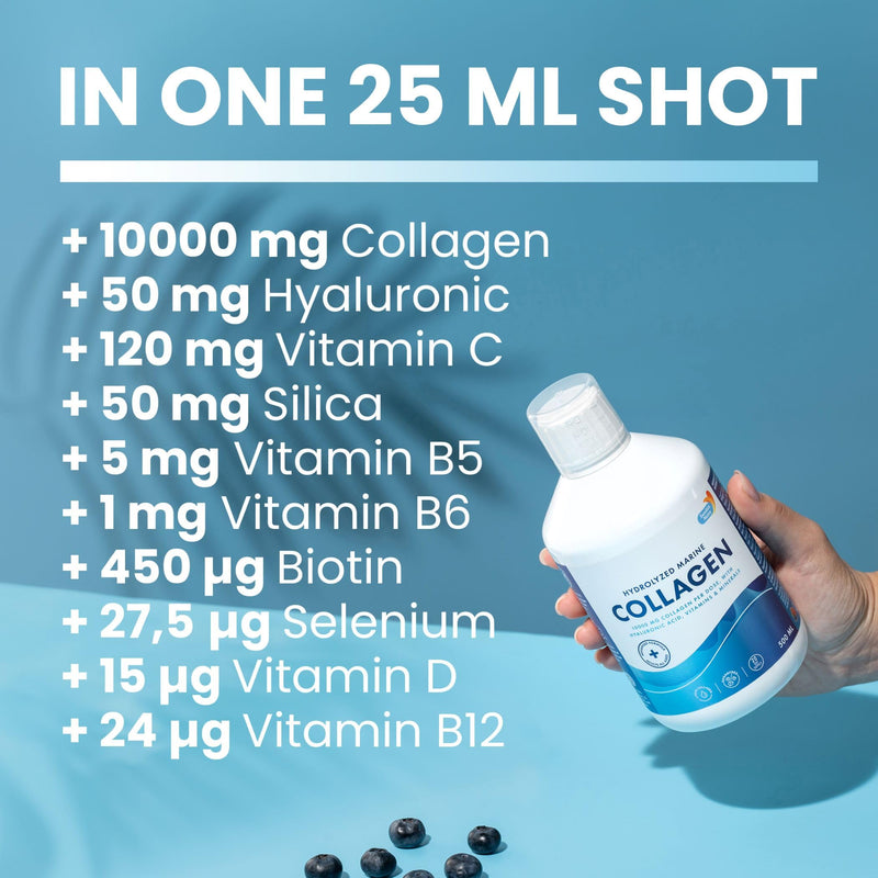 Swedish Nutra Marine Collagen 10,000 mg Liquid, 500 ml, 20 Day | 10,000mg marine collagen with hyaluronic acid, biotin & vitamin C for healthy hair, skin, nails & joints; sugar-free Liquid Marine Collagen 10000mg x 500 ml