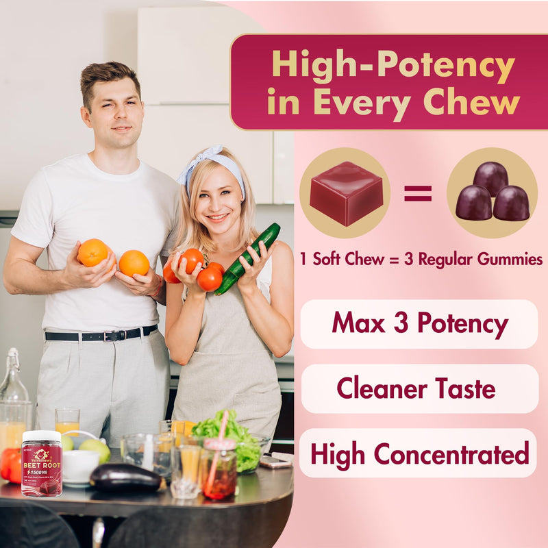 Super Beet Chews 1500mg, 5 IN 1 Beet Root Nitric Oxide Supplement, 60 Cts | Beet Root Gummies w/ Grape Seed, L-Citrulline, Vitamin B6 & B12 for Healthy Blood Circulation & Energy Boost, Sugar Free