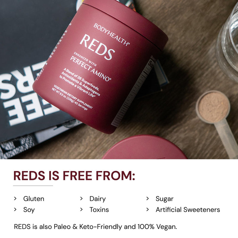 BodyHealth Reds Enhanced with PerfectAmino - Daily Superfood Smoothie Powder with Antioxidants, Adaptogens, Phytonutrients, Fruit, Prebiotics, Probiotics, Fiber, and Protein - 40 Servings 8.3 Ounce (Pack of 1)