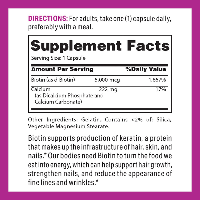 Vitamin World Super Biotin 5000 mcg for Hair, Skin and Nails, 120 Capsules | Biotin Supplement, Gluten Free, 120 Day Supply