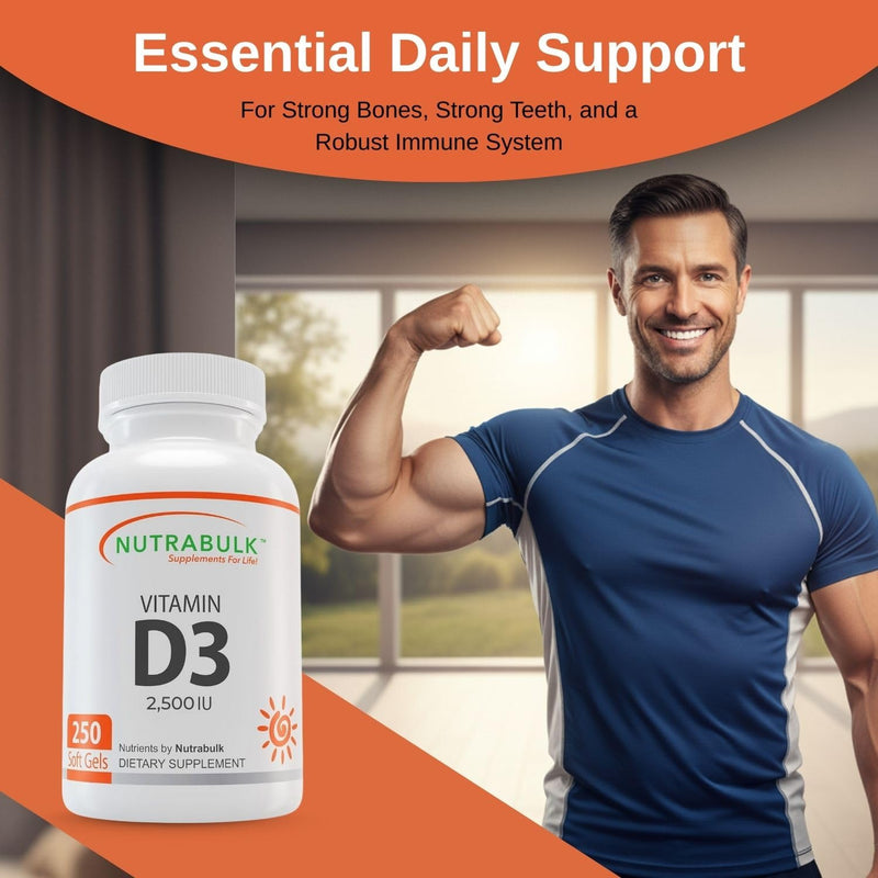 NutraBulk Vitamin D3 2500 IU Softgels - 250 Count - High-Potency Daily Supplement - Non-GMO, Gluten-Free - Made in USA 1 Count (Pack of 250)