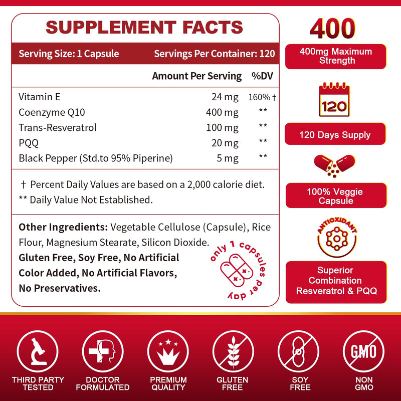 ZEBORA CoQ10-400mg with Trans-Resveratrol, PQQ & Vitamin E - High Absorption Coenzyme-Q10 with BioPerine - Powerful Antioxidant for Heart & Energy-Production,120 Veggie Capsules (Pack of 2) 120 Count (Pack of 2)