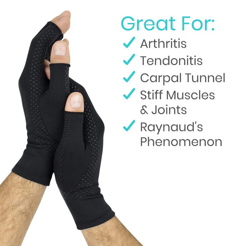 Vive Copper Infused Fingerless Arthritis Compression Gloves (Pair) - Relief for Men, Women, Rheumatoid, Swelling, Carpal Tunnel, Tendonitis, Edema, Hand & Finger Pain - Comfortable Non-Slip (Large) Large