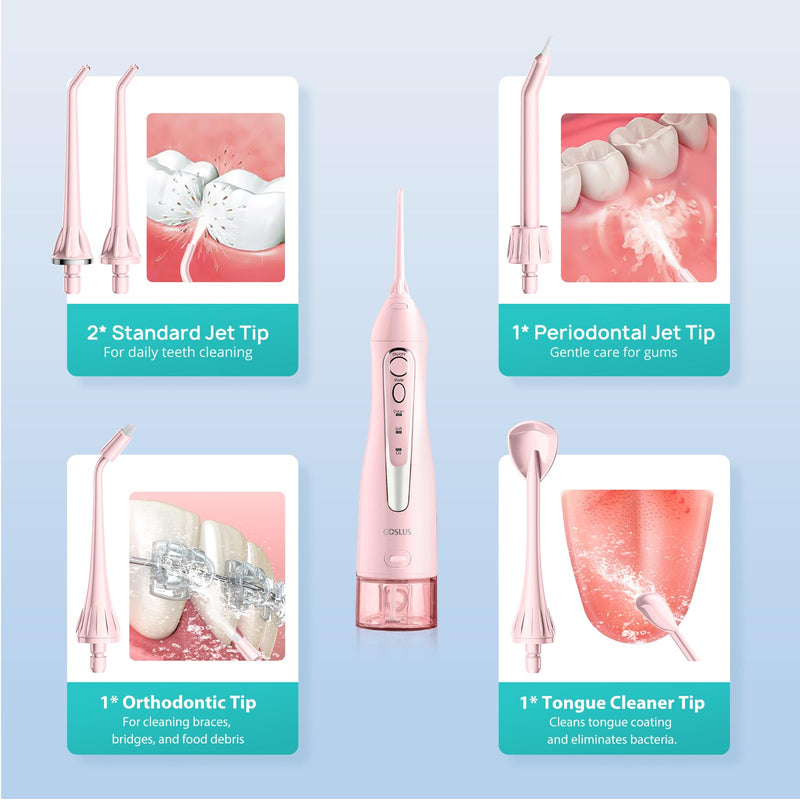 COSLUS Water Dental Flosser Teeth Pick C20(F5020E): Portable Cordless Oral Irrigator 300ML Rechargeable Travel Irrigation Cleaner IPX7 Waterproof Electric Flossing Machine for Teeth Cleaning, Pink
