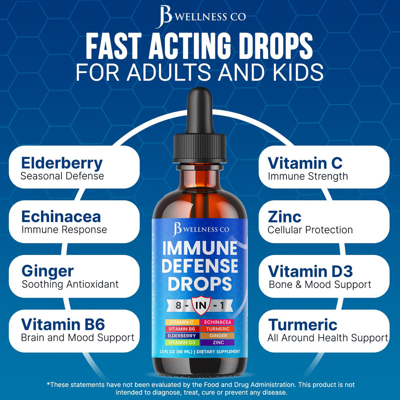 8-in-1 Immune Defense Liquid Drops – Elderberry, Echinacea, Turmeric Curcumin, Ginger, Vitamins C & D3, Zinc & B6 – Fast-Absorbing Immune Support & Antioxidant Support – Vegan, Non-GMO – 2 oz 2 Fl Oz (Pack of 1)