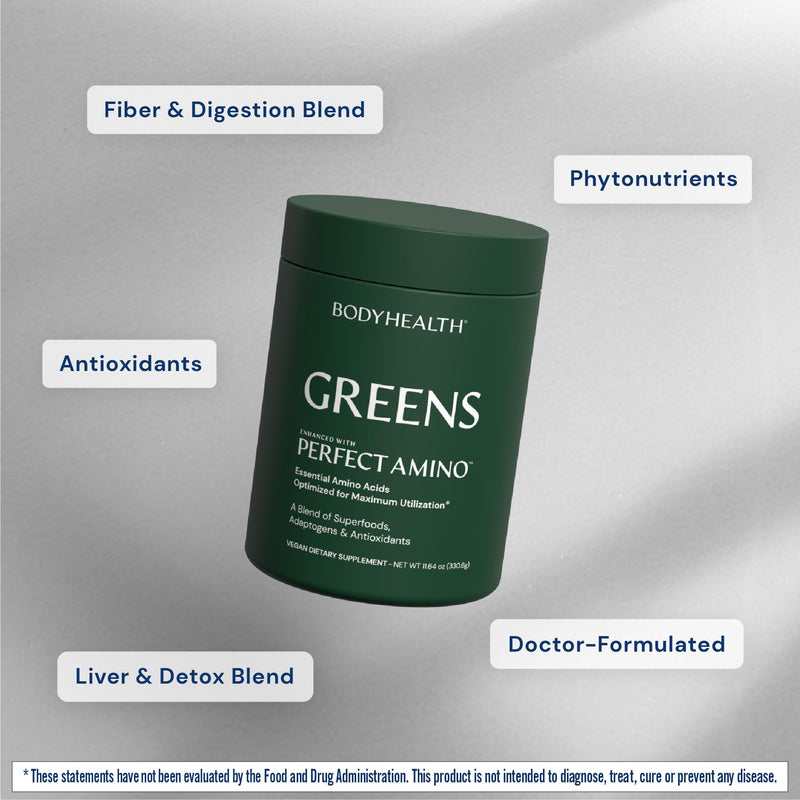 BodyHealth Greens Enhanced with PerfectAmino - Daily Superfood Green Apple Smoothie Powder with Vegetables, Fruit, Antioxidants, Prebiotics, Probiotics, Fiber, and Protein - 30 Servings 12.2 Ounce (Pack of 1) - BeesActive Australia