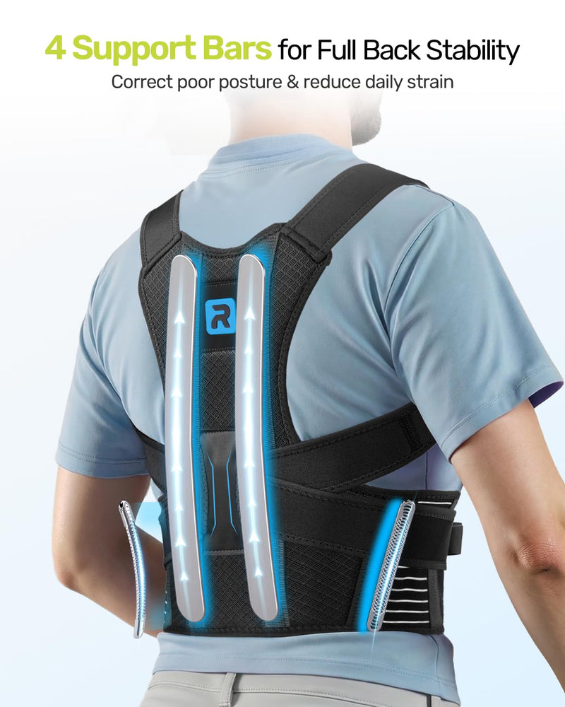 Rakiie Posture Corrector for Women and Men, Upgraded Back Brace with Enhanced Support, Shoulder Straightener with Cushioned Shoulder Pads & Underarm Pain Relief Strap, Blue L