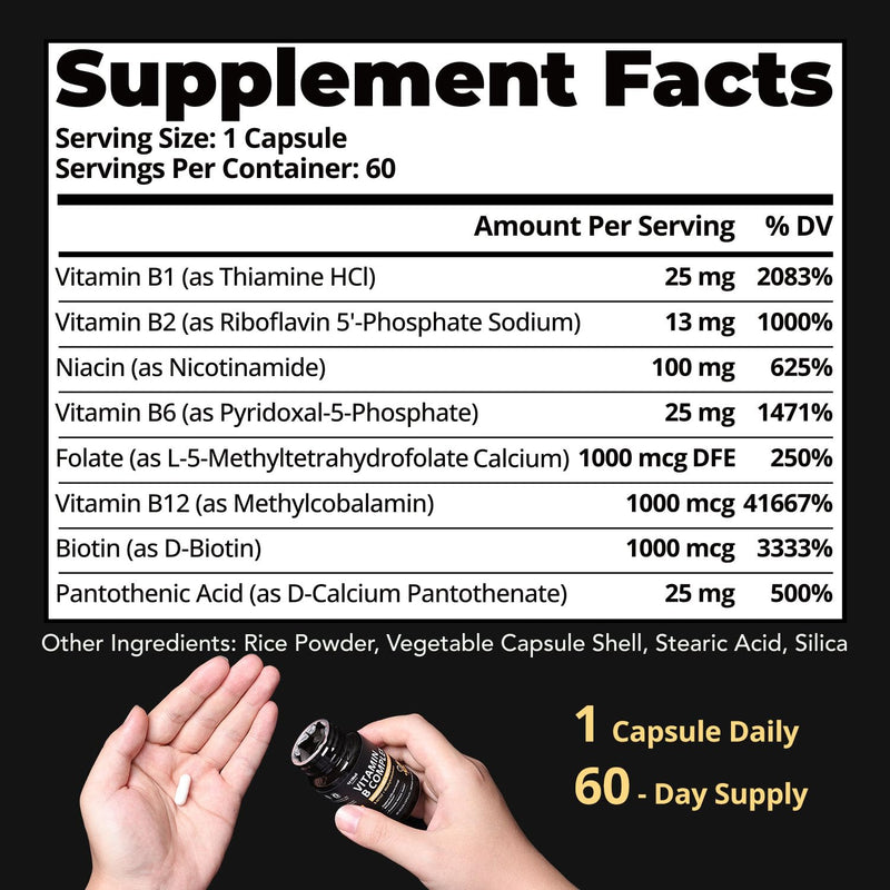 Methylated Vitamin B Complex – High Absorption Active Forms | With Methylfolate & Methyl B12 for Energy, Brain & Mood Support – 60 Vegan Capsules, Non-GMO, Gluten-Free