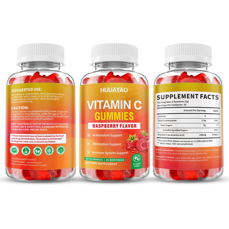 Vitamin C Gummies for Adults, Chewable Vitamin C Gummies for Antioxidant & Collagen Support, Vegan, Non-GMO, Sugar-Free, Raspberry Flavor, 120 Count 120 Count (Pack of 1)