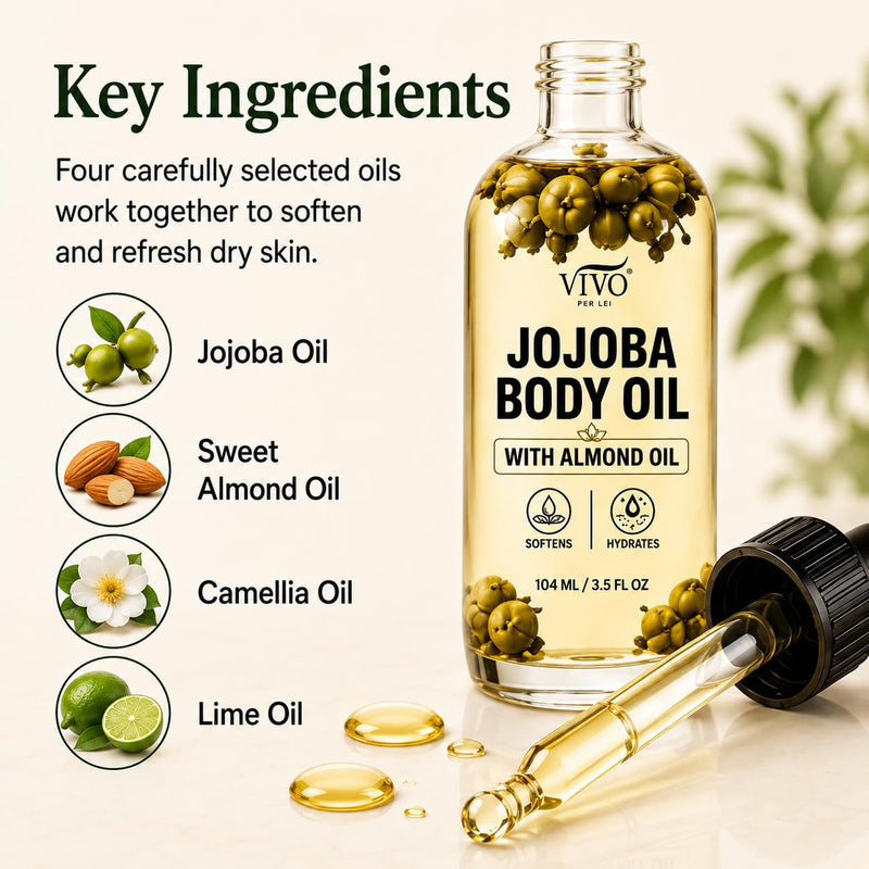 Vivo Per Lei Jojoba Moisturizing Body Oil - with Almond Oil - 3.5 Fl Oz | After Shower Body Oil - Deeply Hydrates - Real Flower Inside - Also Contains Camellia & Vitamin E - Lightweight - Non-Greasy