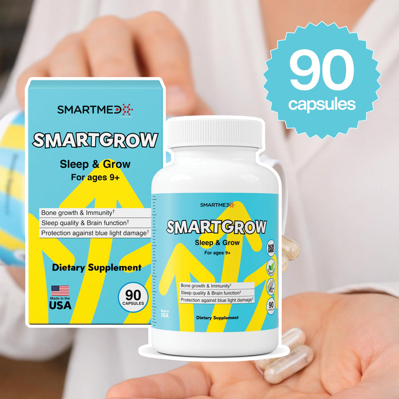 SmartGrow Premium Growth Formula for Teens – Bone, Brain, Sleep & Eye Support – Calcium, Vitamin D3, L-Theanine – Daily Wellness Supplement (180 Capsules) – 3 Month Supply 90 Count (Pack of 2)