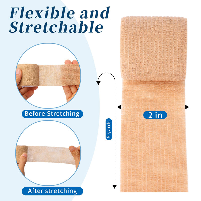 Frontline 24 Pack Self Adhesive Bandage Wrap 2" x 5 Yards Athletic Tape Vet Wrap Tattoo Supplies Wrap Medical Supplies Elastic Cohesive Bandage Wrist Ankle Sports Tape (Beige) Beige - BeesActive Australia
