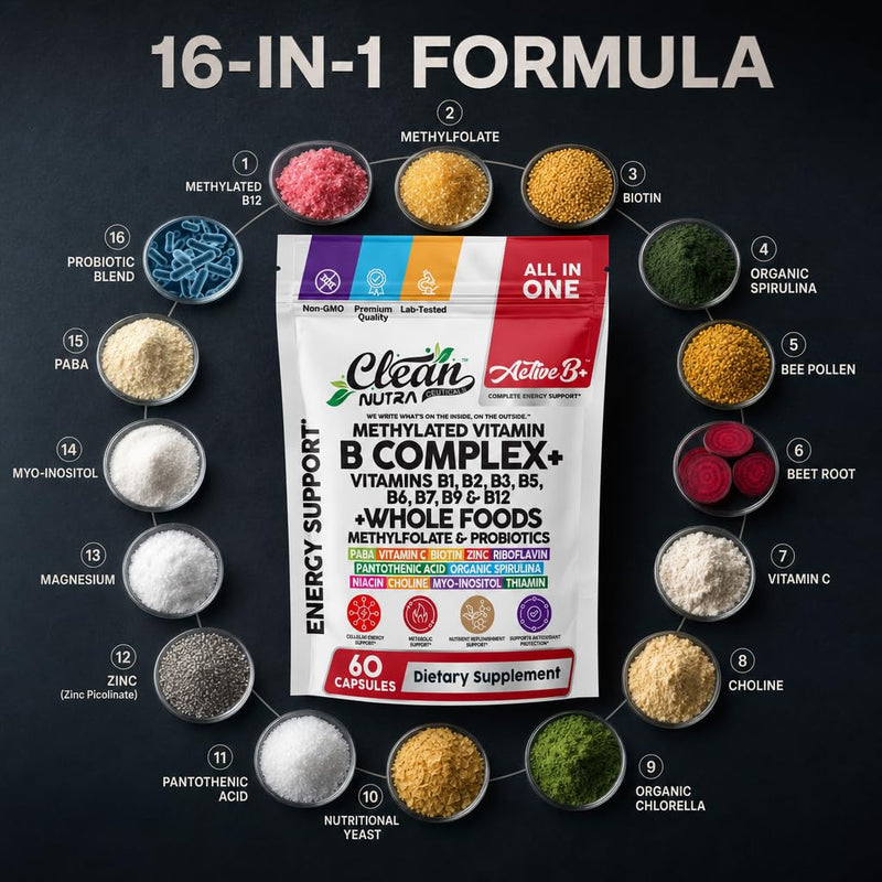 Vitamin B Complex Methylated B Vitamins for Women, Vitamin B12 Methylcobalamin Methylfolate B12 B1 B2 B3 B5 B6 B7 B9 Biotin Myo Inositol Choline Organic Spirulina Methylated Multivitamin 60 Ct