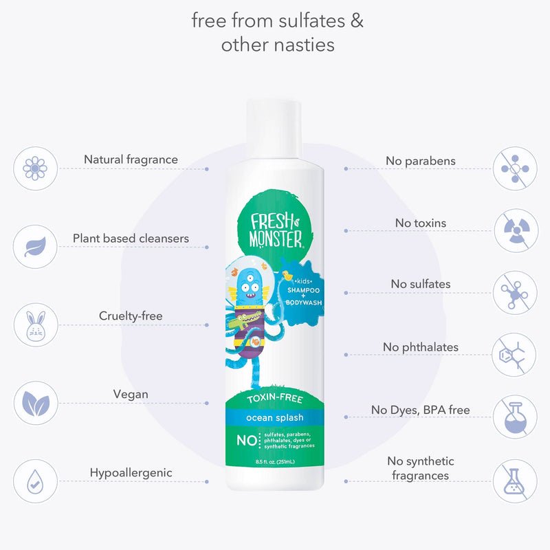 Fresh Monster 2-in-1 Kids Shampoo & Body Wash, Toxin-Free, Hypoallergenic, Natural Shampoo & Body Wash for Kids, Ocean Splash (8.5oz) 8.5 Ounce (Pack of 1) - BeesActive Australia