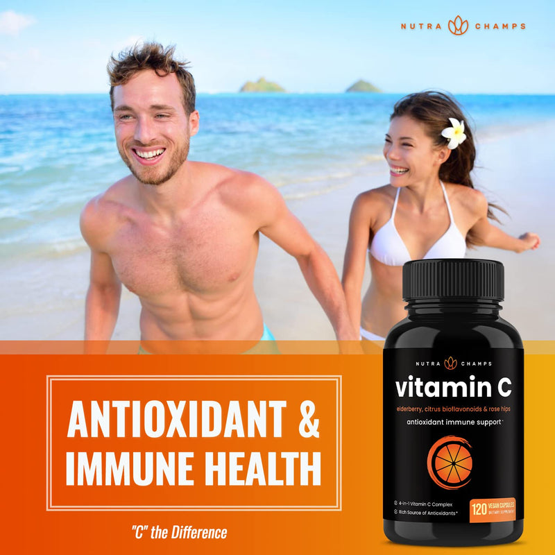 NutraChamps 1000 mg Vitamin C with Rose Hips, Vitamin C Supplement with Elderberry & Citrus Bioflavonoids, Kids Immune Boosting Supplemen Capsules Pill Vitamin C Capsules