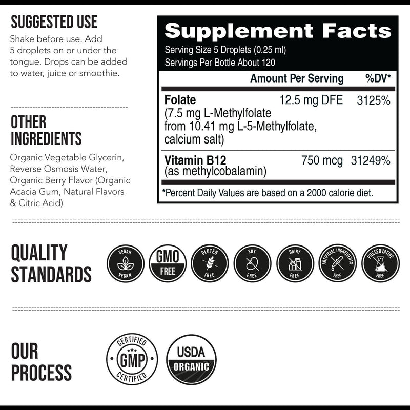 Organic L Methylfolate 7.5 mg Plus Methyl B12 Cofactor - Metabolically Active 5-MTHF Form, Superior Form of Folate - Organic Berry Flavor, Liquid Sublingual Form – Mood, Cognition, Methylation (1oz) 1 Fl Oz (Pack of 1)