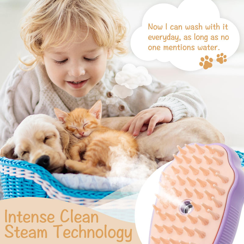 Cat Steam Brush for Shedding: 3-in-1 Silicone Steam Brush for Cats, Rechargeable Steam Cat Brush, Steamy Pet Brush, Dog Steam Brush for Shedding, Cat Grooming Brush with Steam - Purple - BeesActive Australia