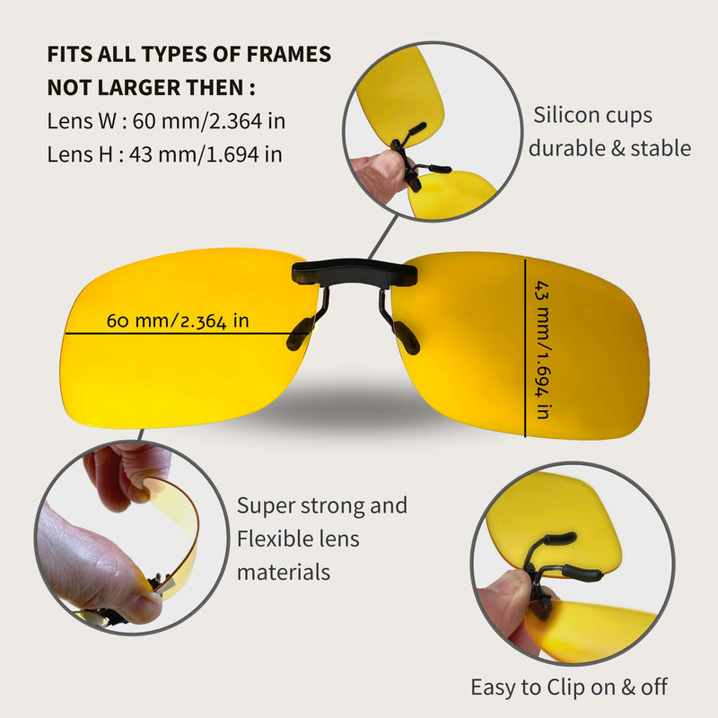 BLUE CUT Clip on Polarized Night Vision, Driving Sunglasses UV 400 Blocker To Wear Over Prescription Glasses Yellow-2pack - BeesActive Australia