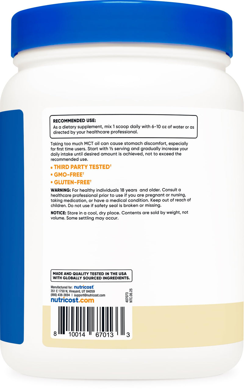 Nutricost C8 MCT Oil Powder 1LB (16oz) Vanilla Flavor - 95% C8 MCT Oil Powder, Best for Keto Diets, Non-GMO, Gluten Free - BeesActive Australia